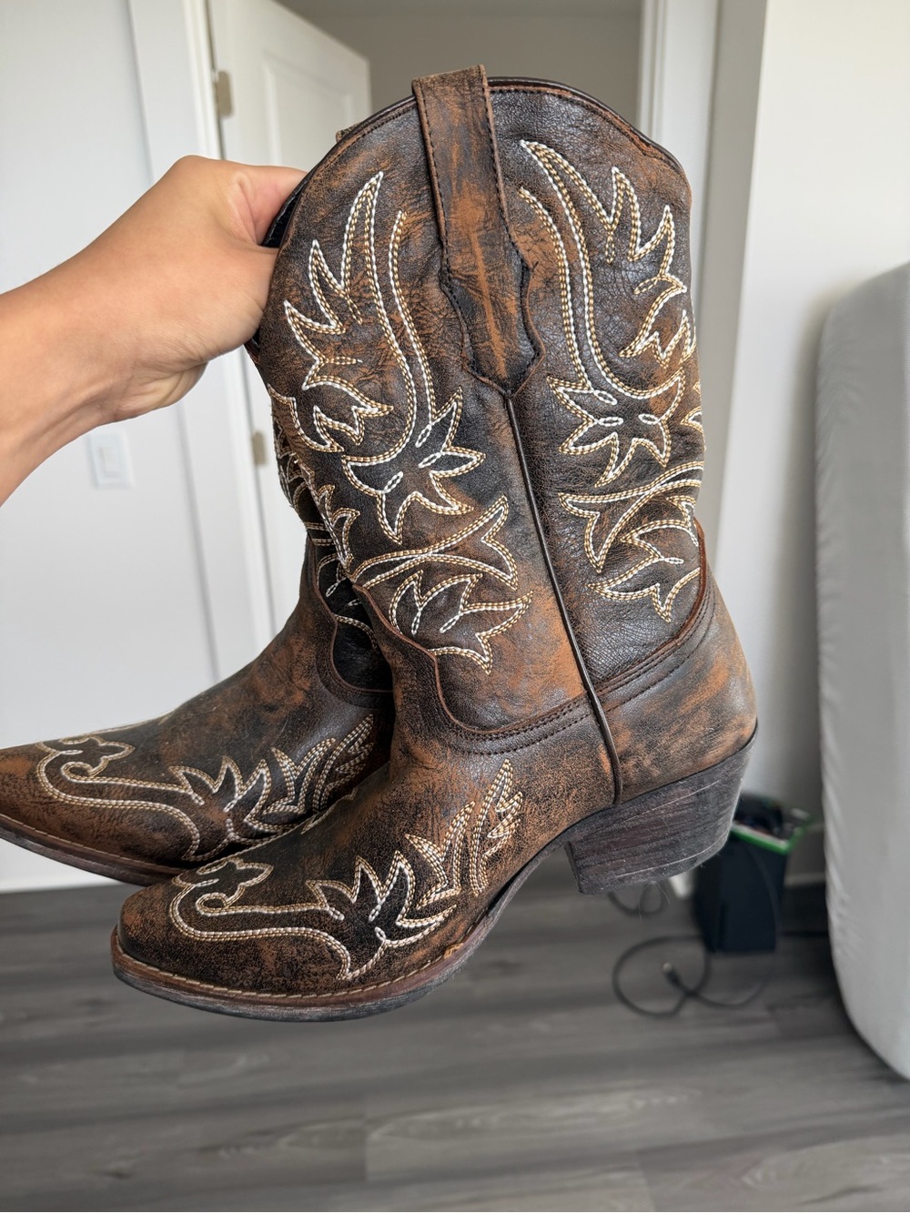 Distressed Brown Embroidered Western Boots for Women